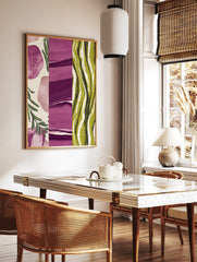 Abstract art print with three panels: purple watercolour shapes, purple brushstrokes, and olive, in a styled room mockup