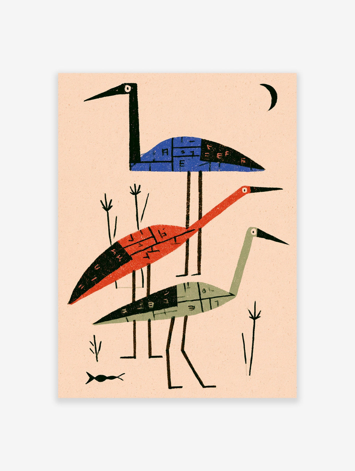Abstract bird art print featuring three geometric birds in blue, orange, and sage on a pale background