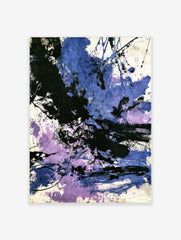 Abstract painting with dynamic black, blue, and purple paint splashes and energetic brushstrokes on white