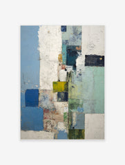 Textured abstract block art print with blue, green, white, and yellow-green rectangular shapes