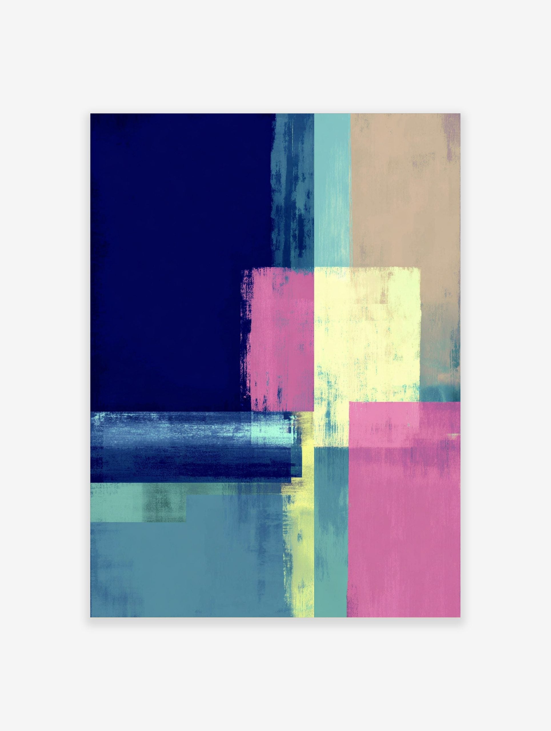 Abstract geometric wall art with layered blocks in navy, aqua, pale yellow, and pink, featuring brushstroke texture