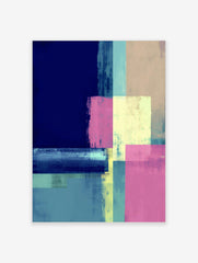Abstract geometric wall art with layered blocks in navy, aqua, pale yellow, and pink, featuring brushstroke texture