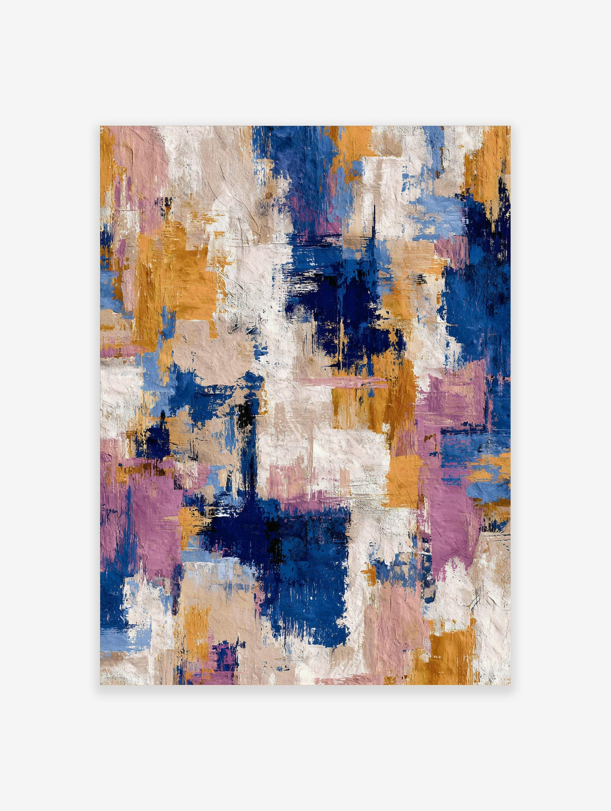 Abstract art print with blue, gold, pink, and white textured brushstrokes in a dynamic vertical composition