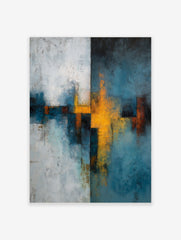 Abstract art print with textured light blue, dark blue, and vibrant yellow-orange shapes and strong central lines