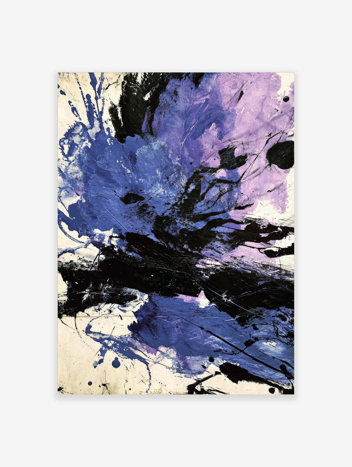 Abstract art print with dynamic blue, purple, and black paint splatters and strokes on a white background