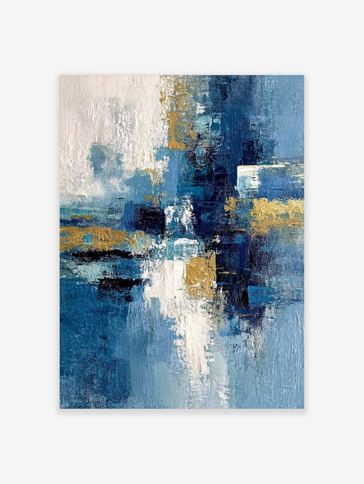 Abstract art print with textured blue, white, and gold brushstrokes in a dynamic vertical composition