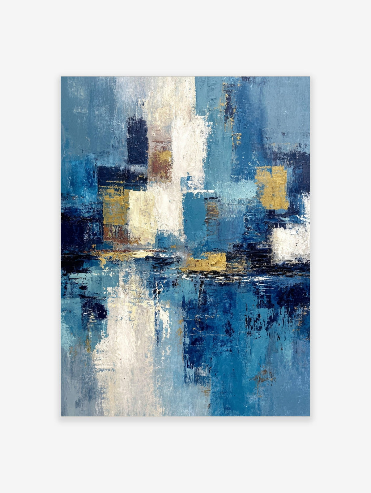 Abstract blue, white, and gold textured painting with layered blocks of colour and a reflective composition
