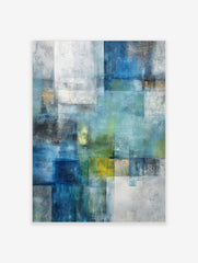 Abstract art print with layered blue, green, and white rectangular blocks and textured brushstrokes