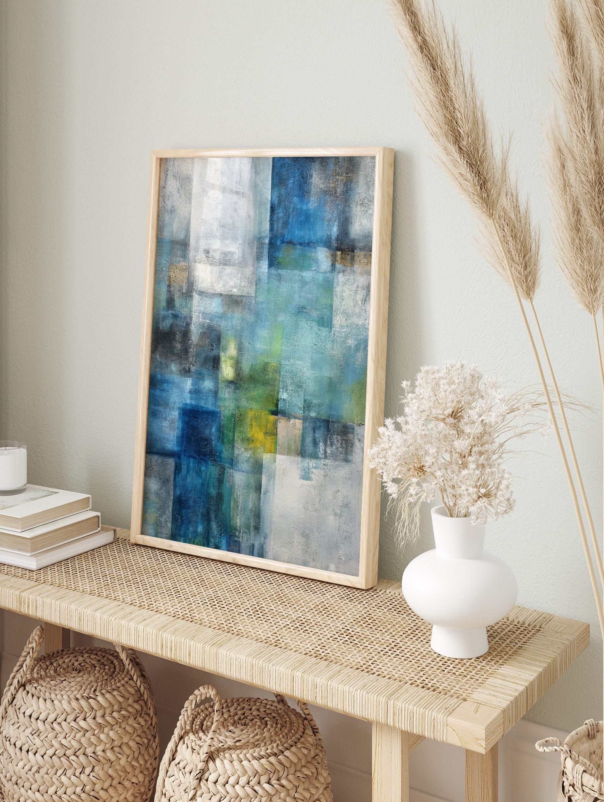 Abstract art print with layered blue, green, and white rectangular blocks and textured, in an alternate framed mockup