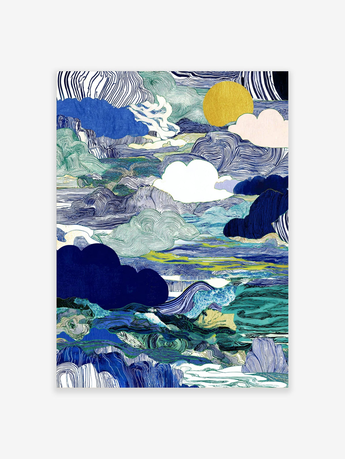 Abstract landscape wall art with blue and green wavy lines, white clouds, and a golden sun
