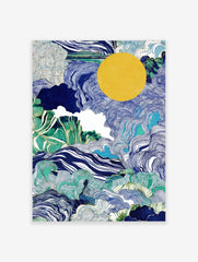 Abstract landscape wall art with blue waves, green foliage, white clouds, and a large yellow sun