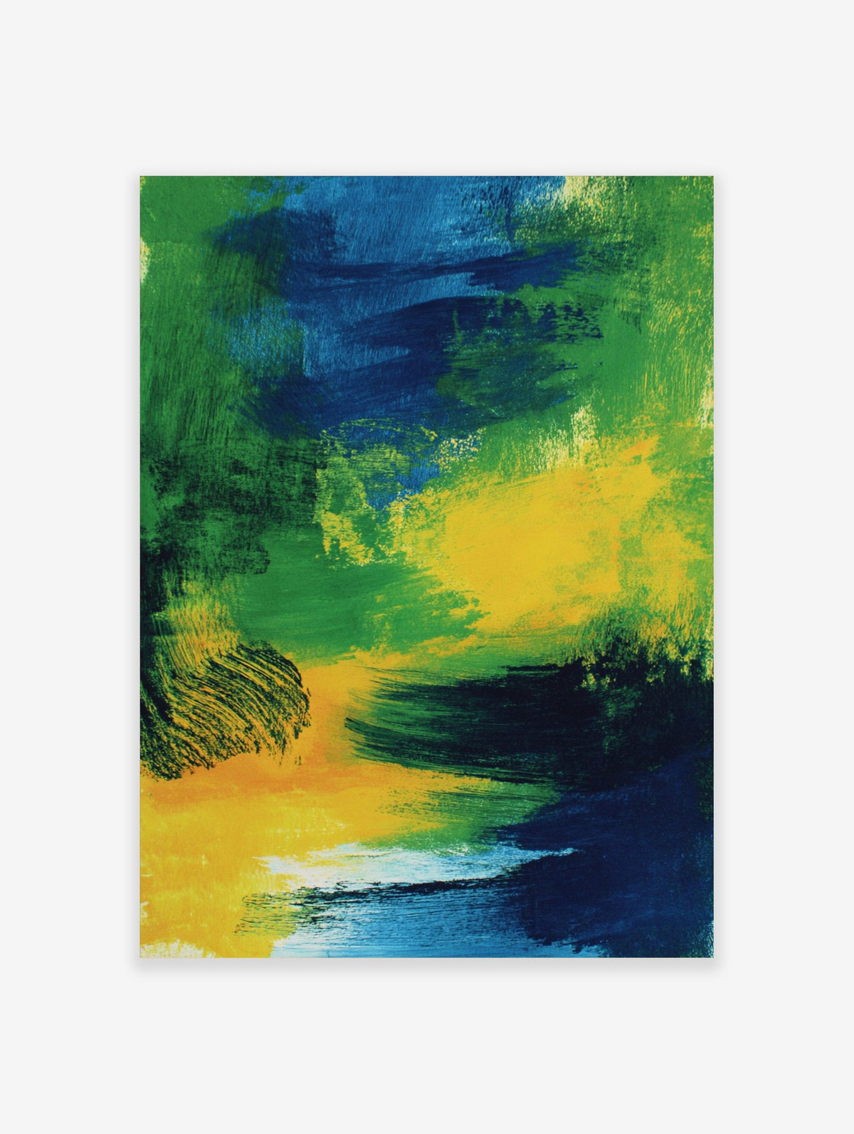 Abstract art print with bold, sweeping brushstrokes in green, blue, and yellow colours