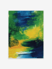 Abstract art print with bold, sweeping brushstrokes in green, blue, and yellow colours