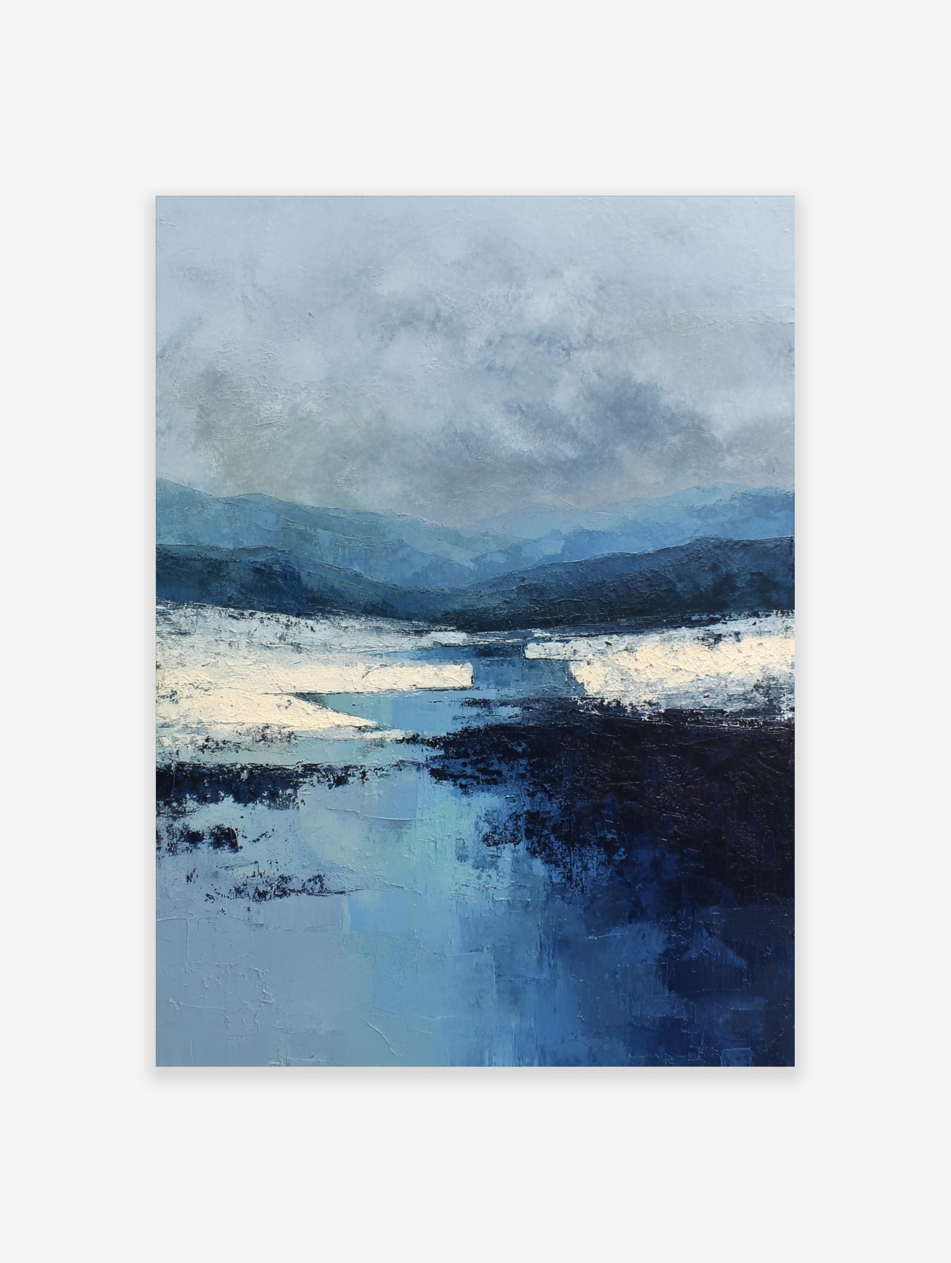 Textured abstract landscape art print with blue mountains, white snow, and a reflective river