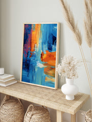 Abstract art print with bold blue, orange, and pink brushstrokes creating layered textures, in an alternate framed mockup
