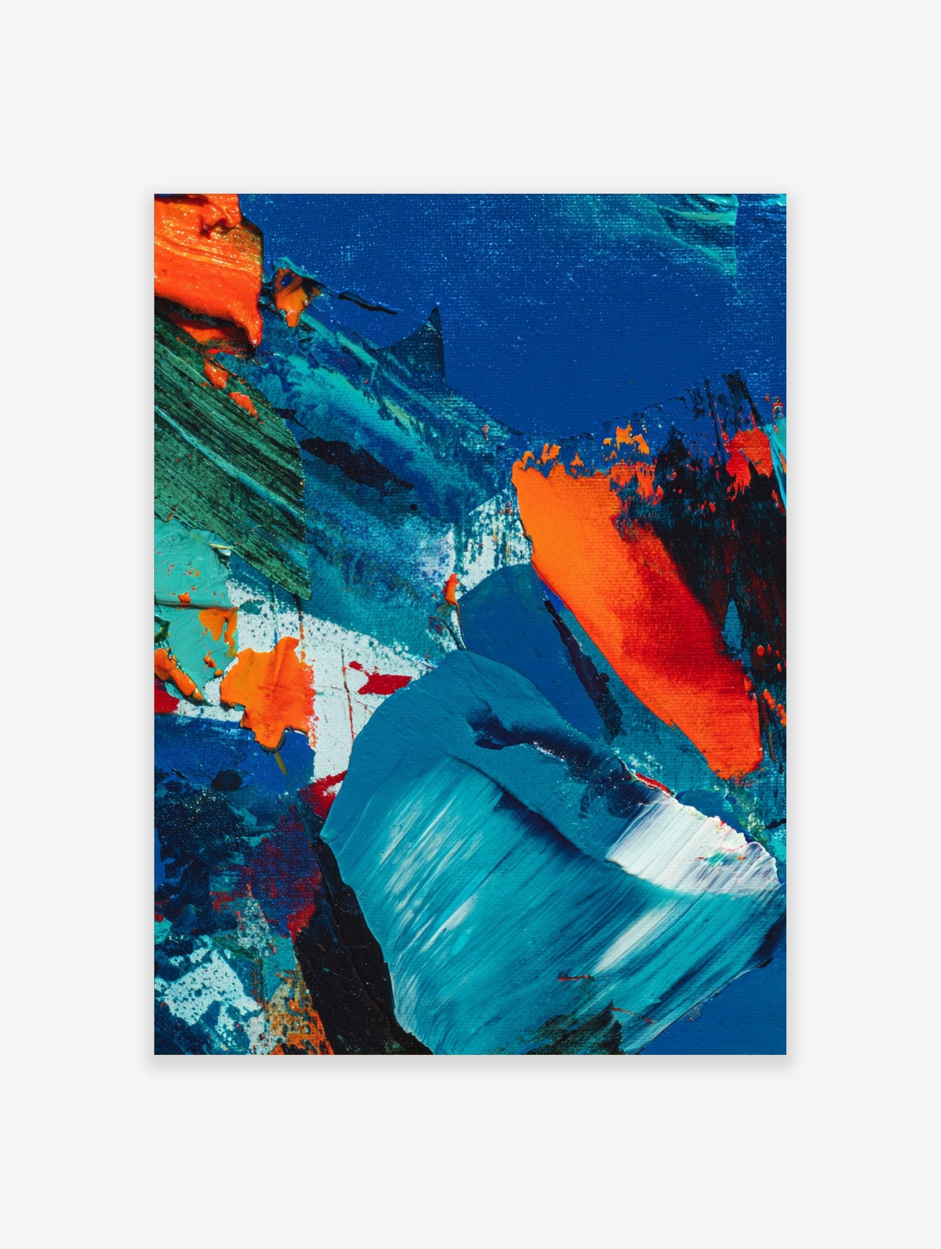 Abstract painting with textured blue, orange, and green impasto brushstrokes on canvas