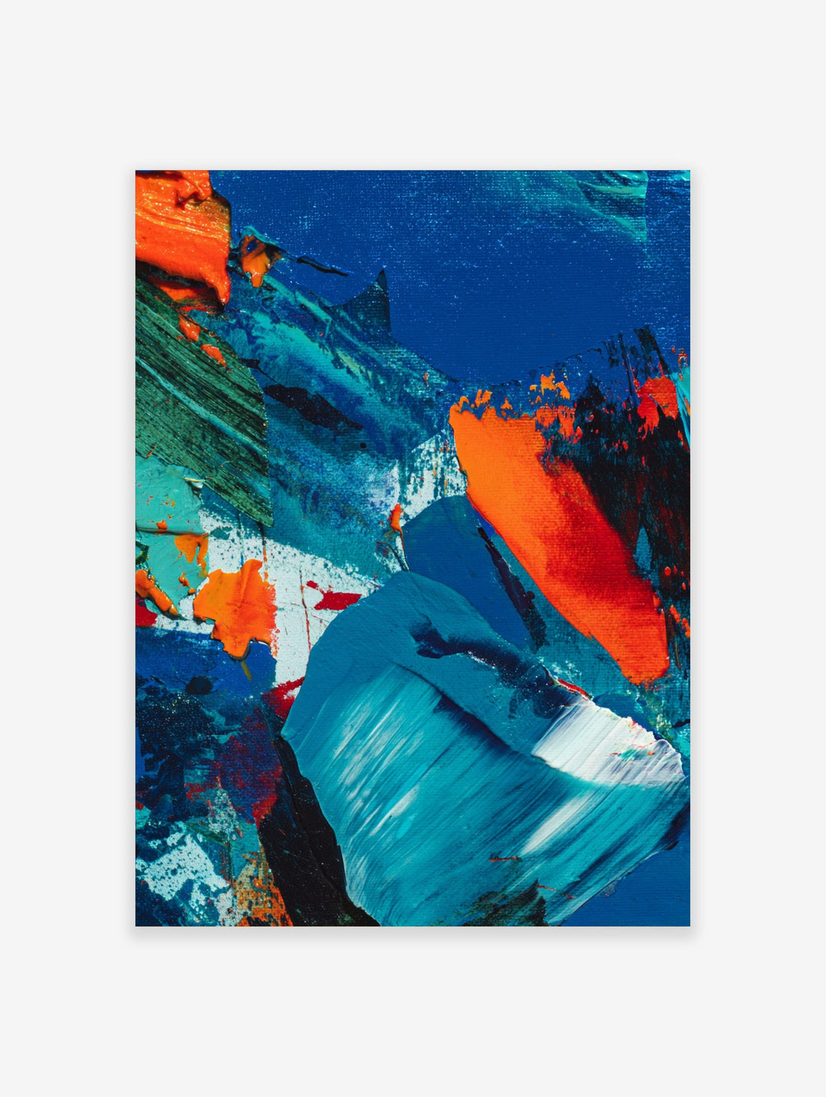 Abstract painting with textured blue, orange, and green impasto brushstrokes on canvas