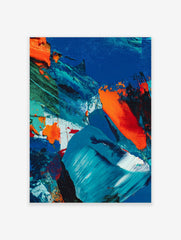 Abstract painting with textured blue, orange, and green impasto brushstrokes on canvas