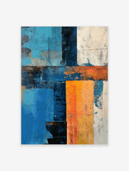 Abstract art print with textured blocks of blue, orange, white, and dark tones in a grid-like composition