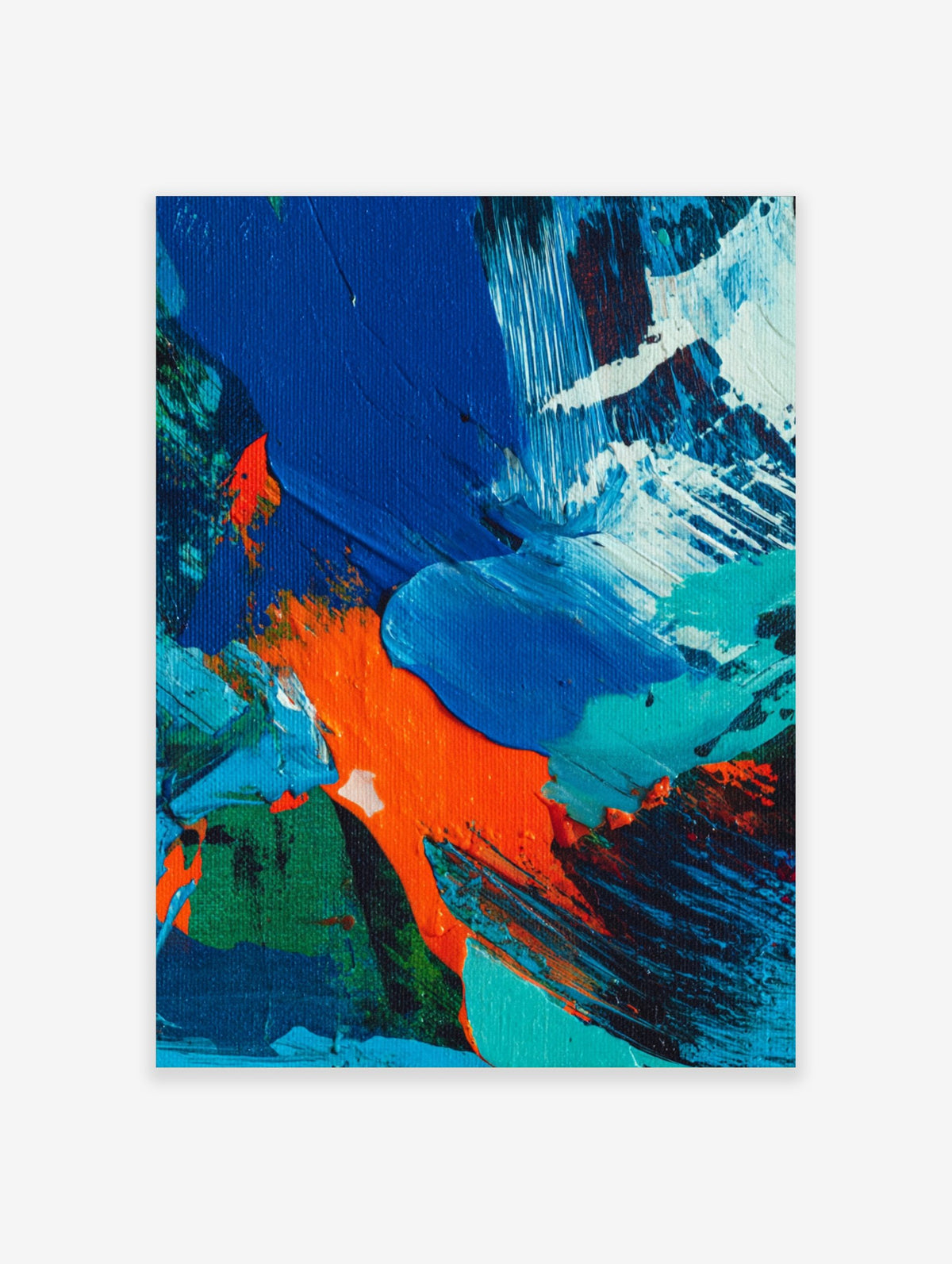 Close-up of abstract painting with textured blue, orange, green, and white paint strokes