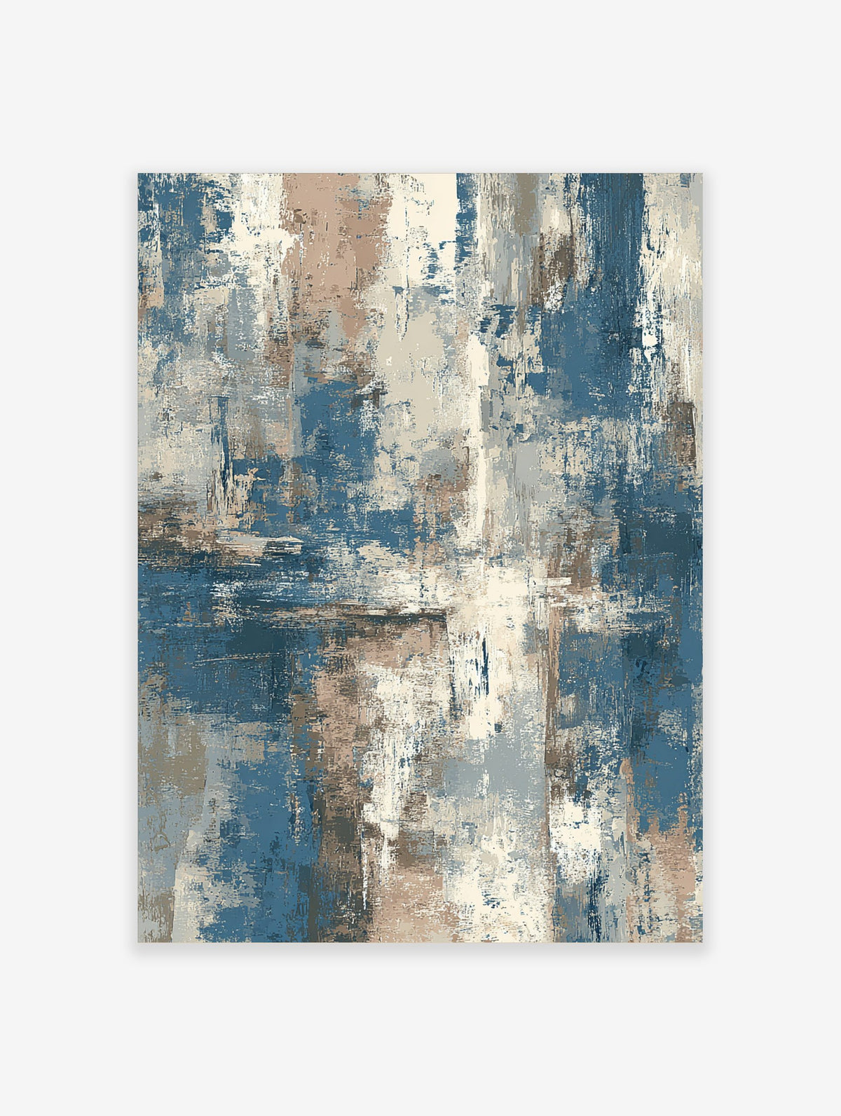 Abstract textured wall art print with layered blue, beige, and off-white brushstrokes in a vertical composition