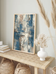 Abstract textured wall art print with layered blue, beige, and off-white brushstrokes in a, in an alternate framed mockup