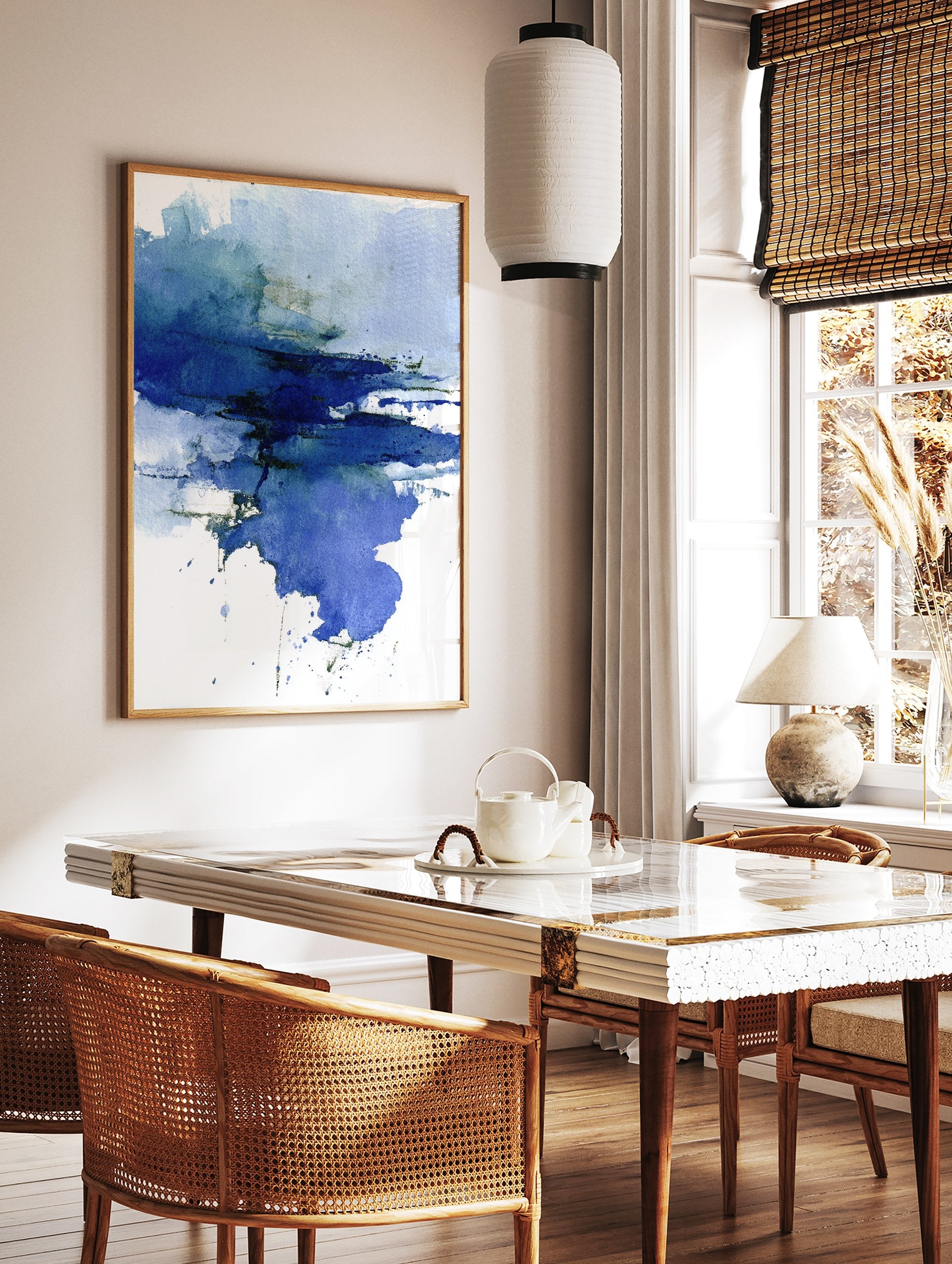 Abstract blue watercolor wall art print with dark and light blue washes, evoking fluid motion and a serene, modern aesthetic. - Image 2
