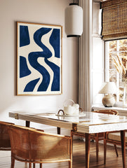 Abstract navy blue wavy shapes on a cream background, minimalist wall art print, in a styled room mockup