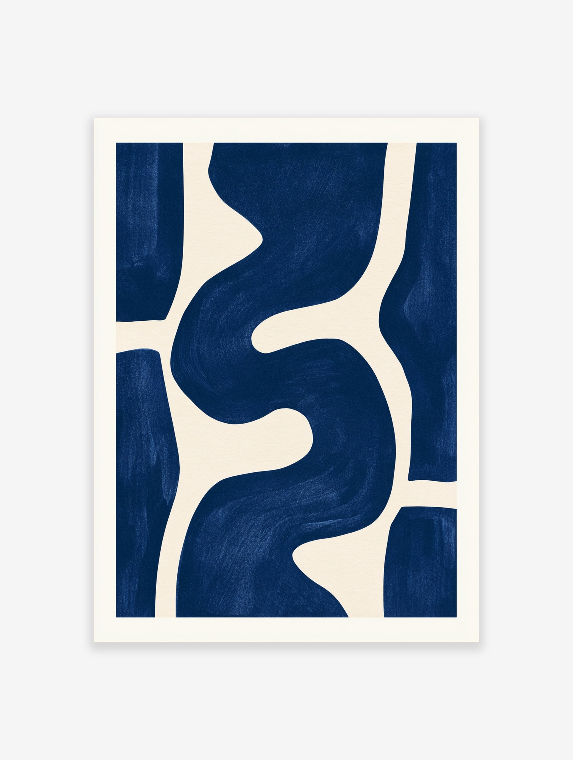 Abstract blue wave shapes on a cream background, minimalist wall art print