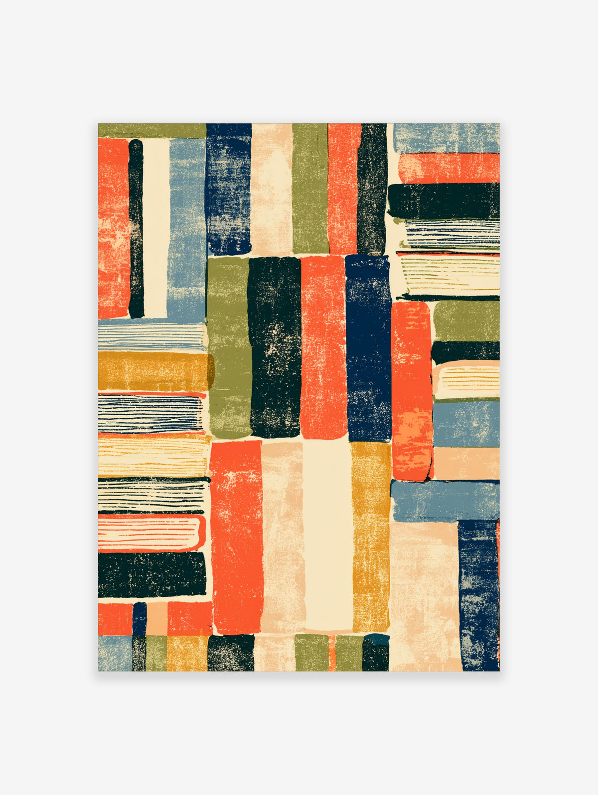 Abstract book stack art print with colourful vertical and horizontal blocks in red, blue, green, and ochre