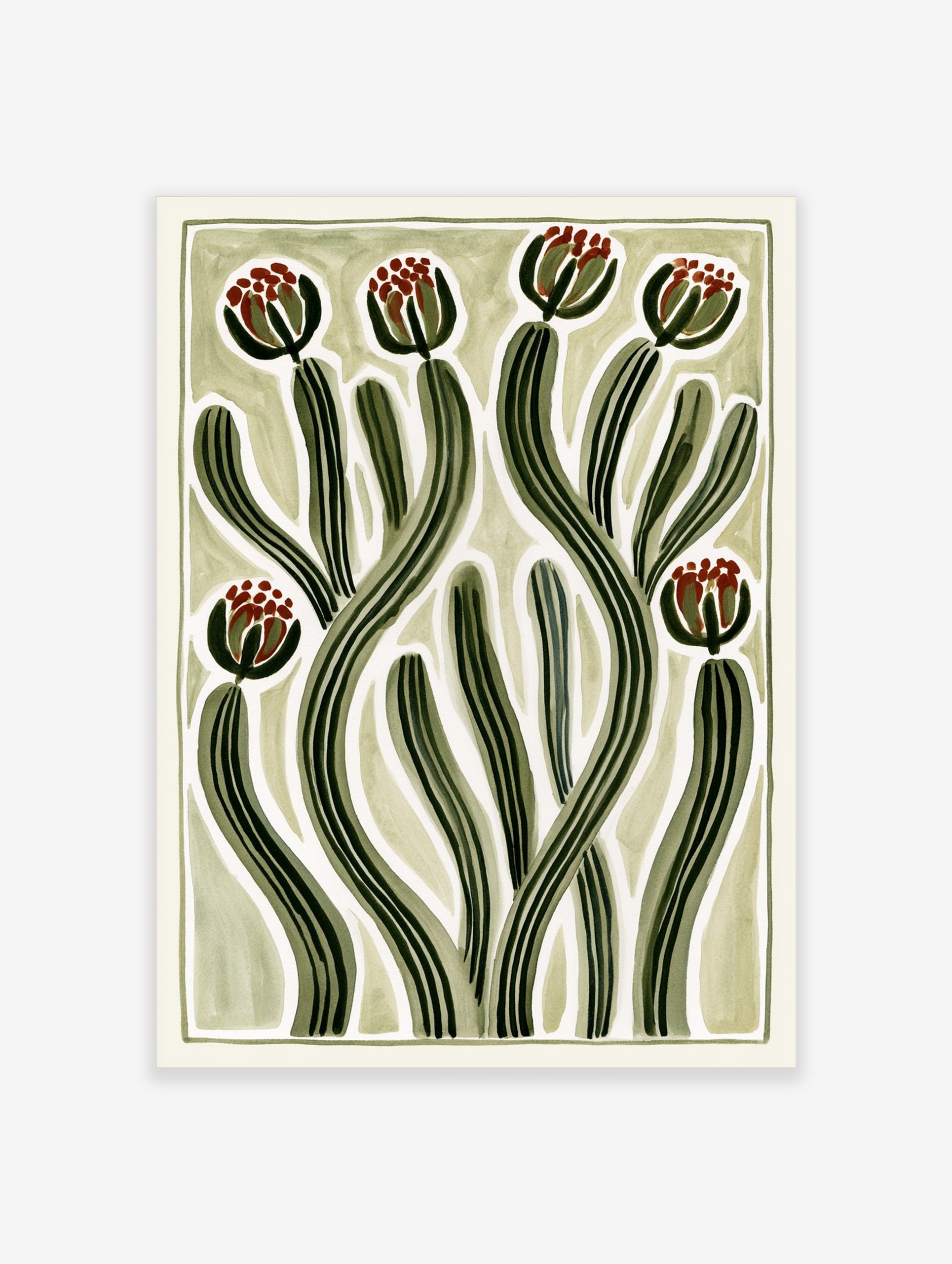 Abstract botanical illustration with green curving striped stems and red flower buds on a cream background