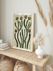 Abstract botanical illustration with green curving striped stems and red flower buds on a, in an alternate framed mockup