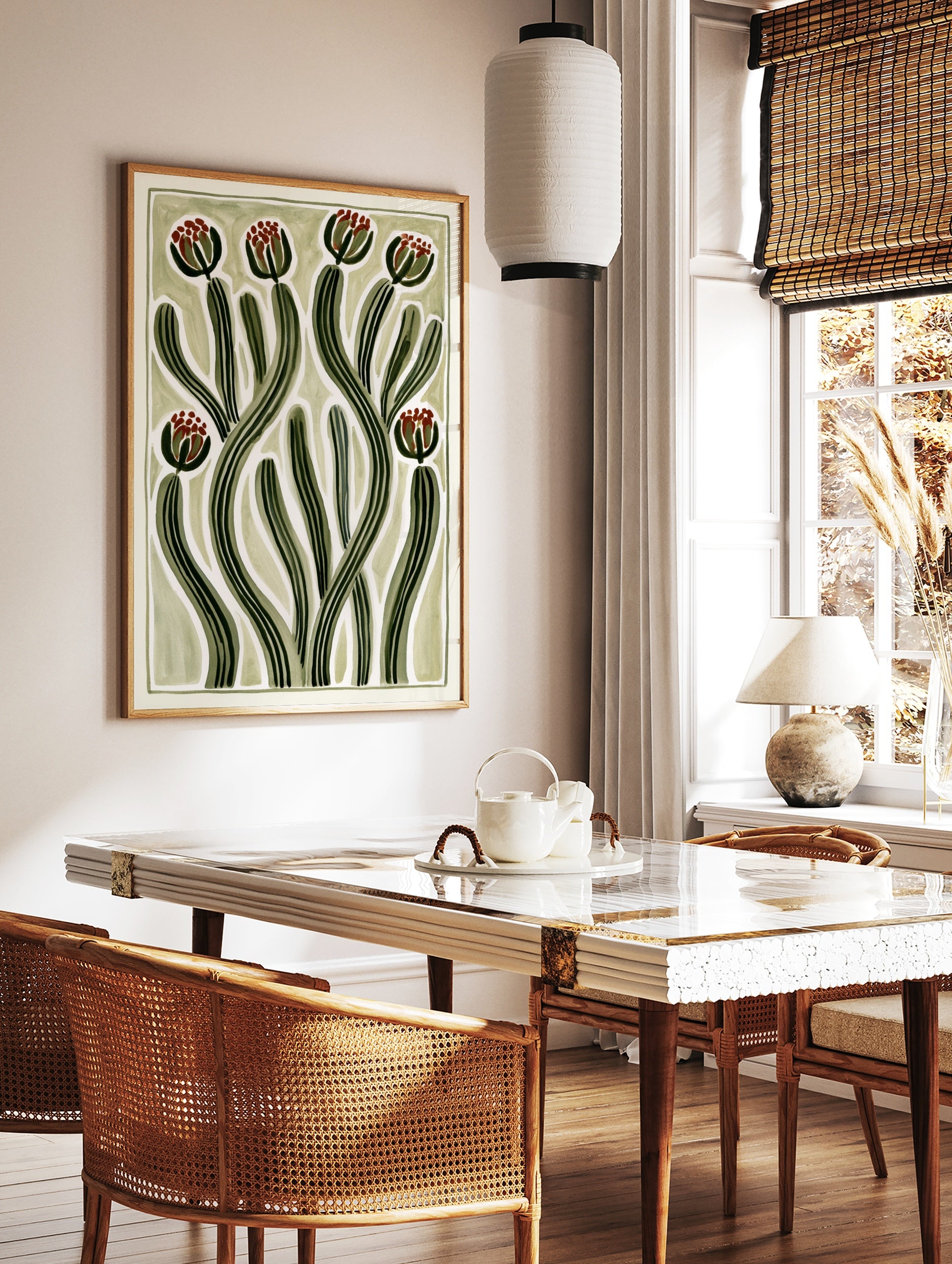 Abstract botanical illustration with green curving striped stems and red flower buds on a cream, in a styled room mockup