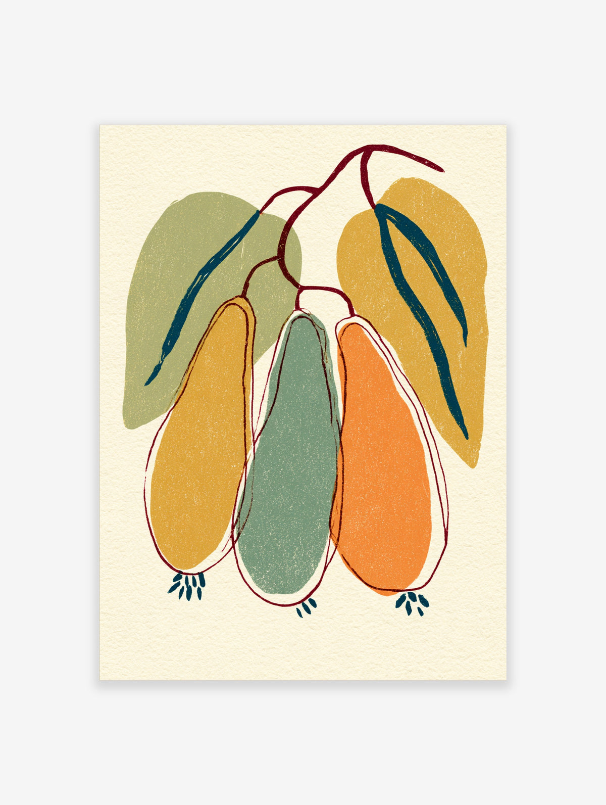 Abstract botanical poster with three seed-like forms in ochre, sage green, and orange hanging from dark red stems
