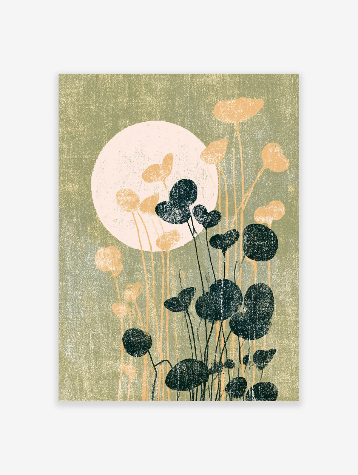 Abstract botanical poster with dark leaf silhouettes, pale orange stems, and a cream circle on sage green