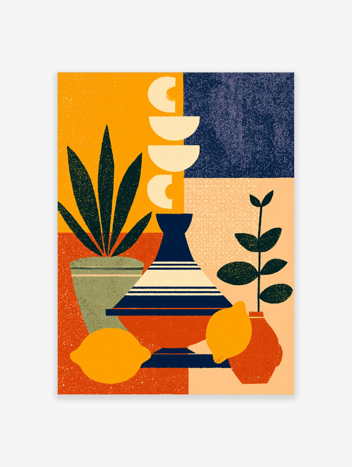 Abstract botanical still life poster with striped vase, lemons, and potted plants on colour-blocked background