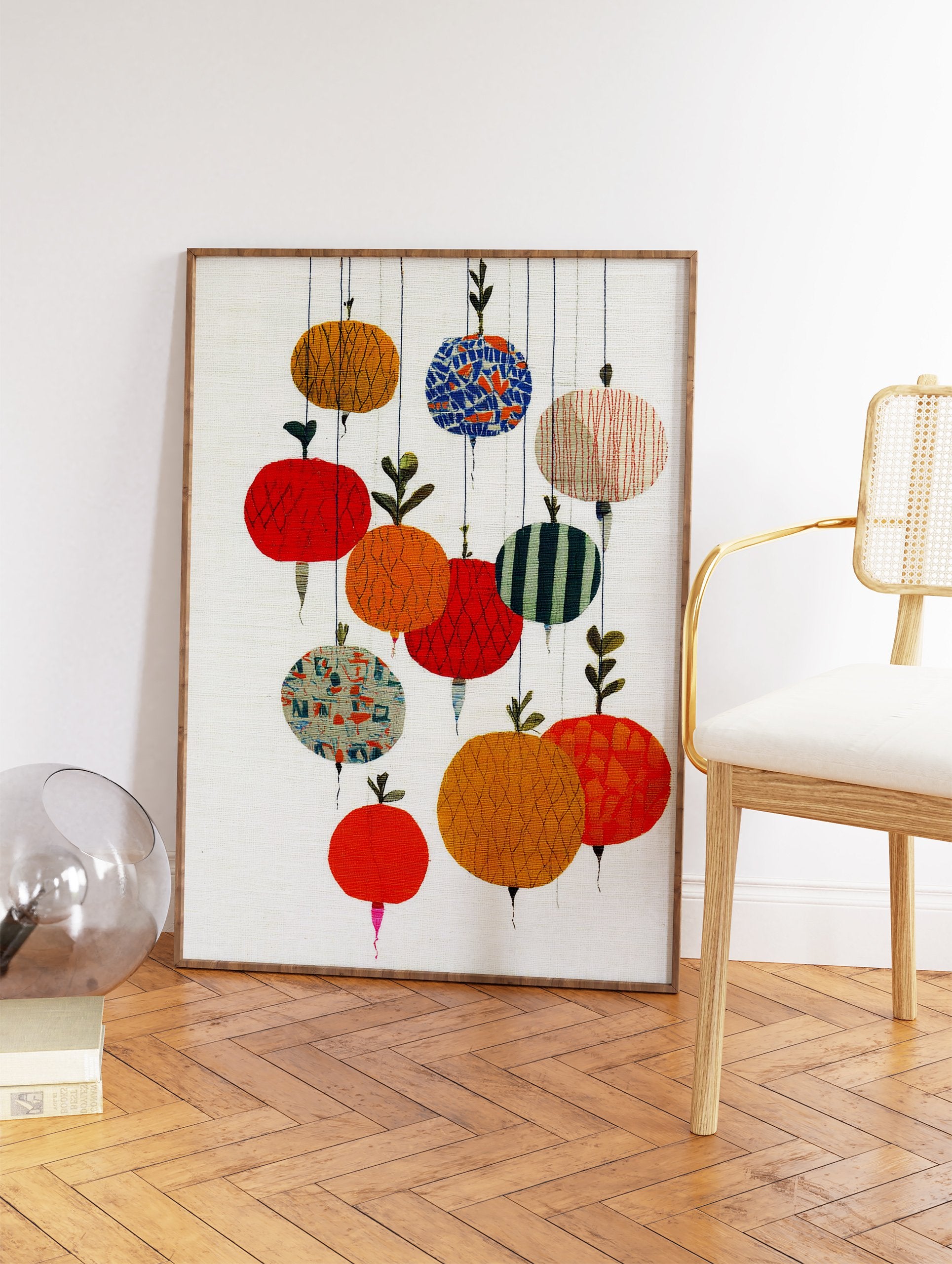 Abstract botanical wall art featuring colorful, textured, fruit-like shapes hanging on strings against a light background. - Image 2