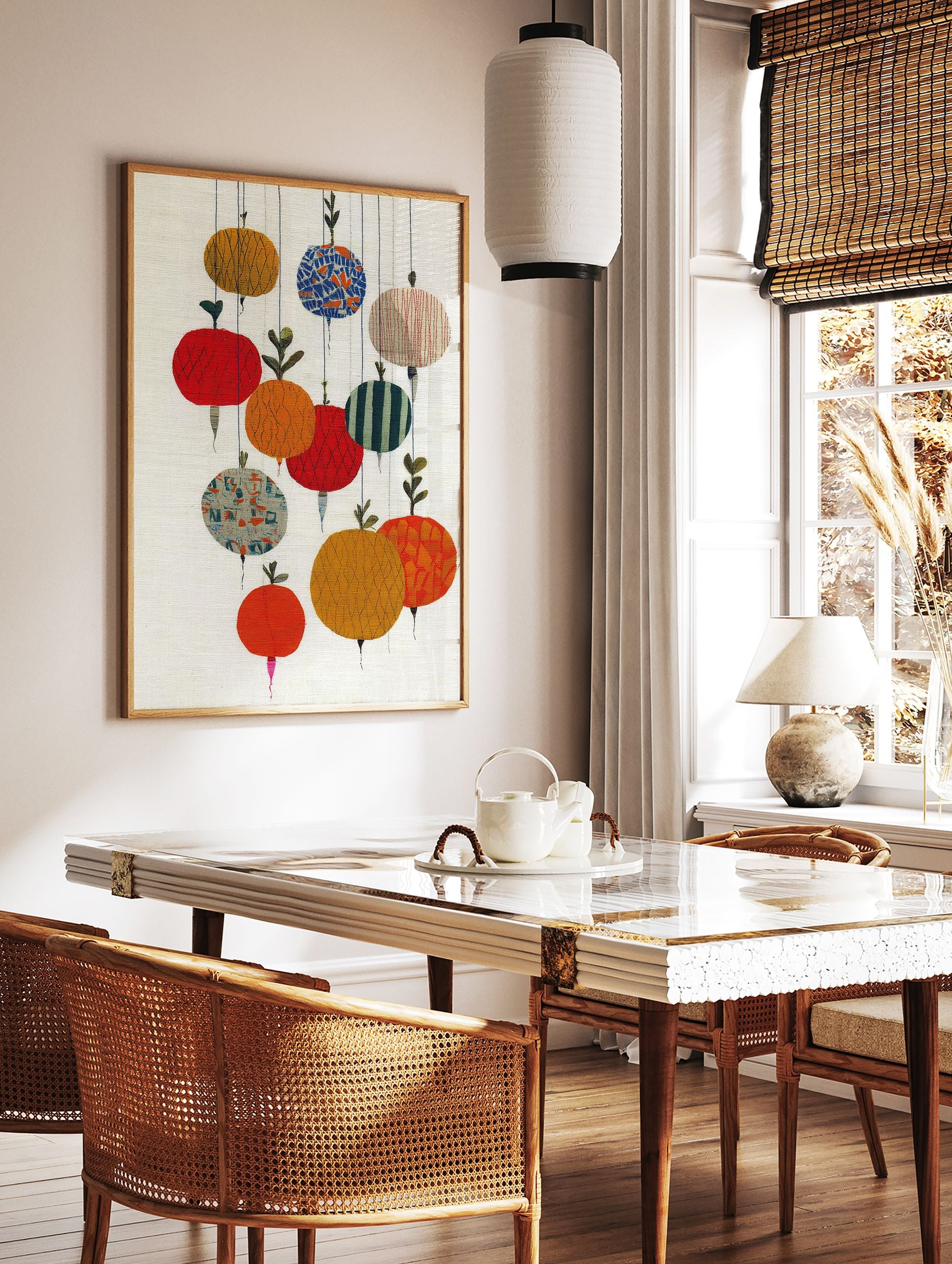 Abstract botanical wall art featuring colorful, textured, fruit-like shapes hanging on strings against a light background. - Image 3