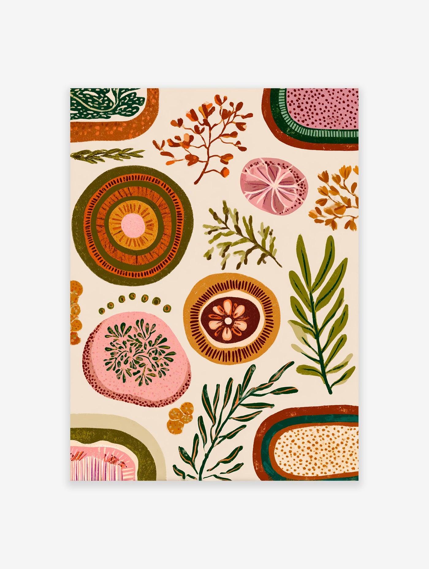 Abstract botanical wall art print with green, orange, and pink organic shapes and stylized leaves on a light background.