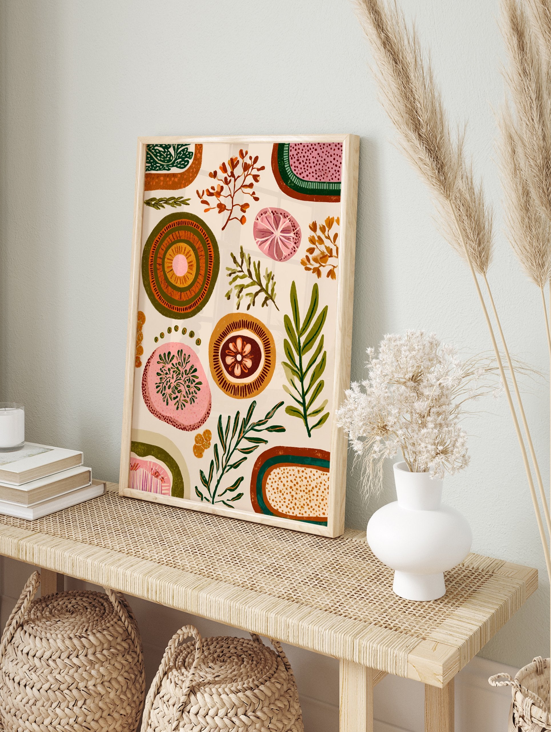 Abstract botanical wall art print with green, orange, and pink organic shapes and stylized leaves on a light background. - Image 3