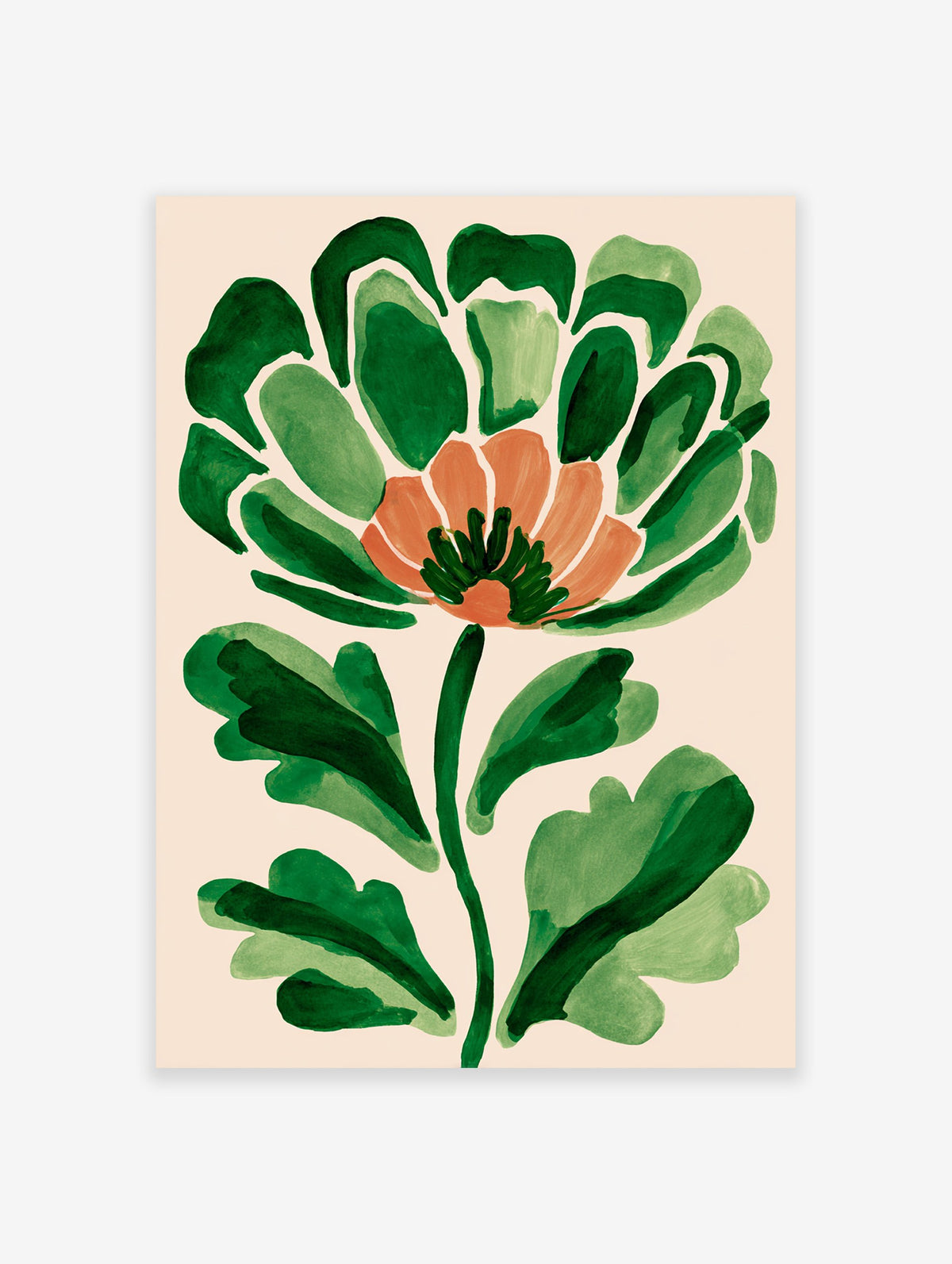 Abstract botanical wall art featuring a green and orange stylized flower on a light beige background, painterly style.