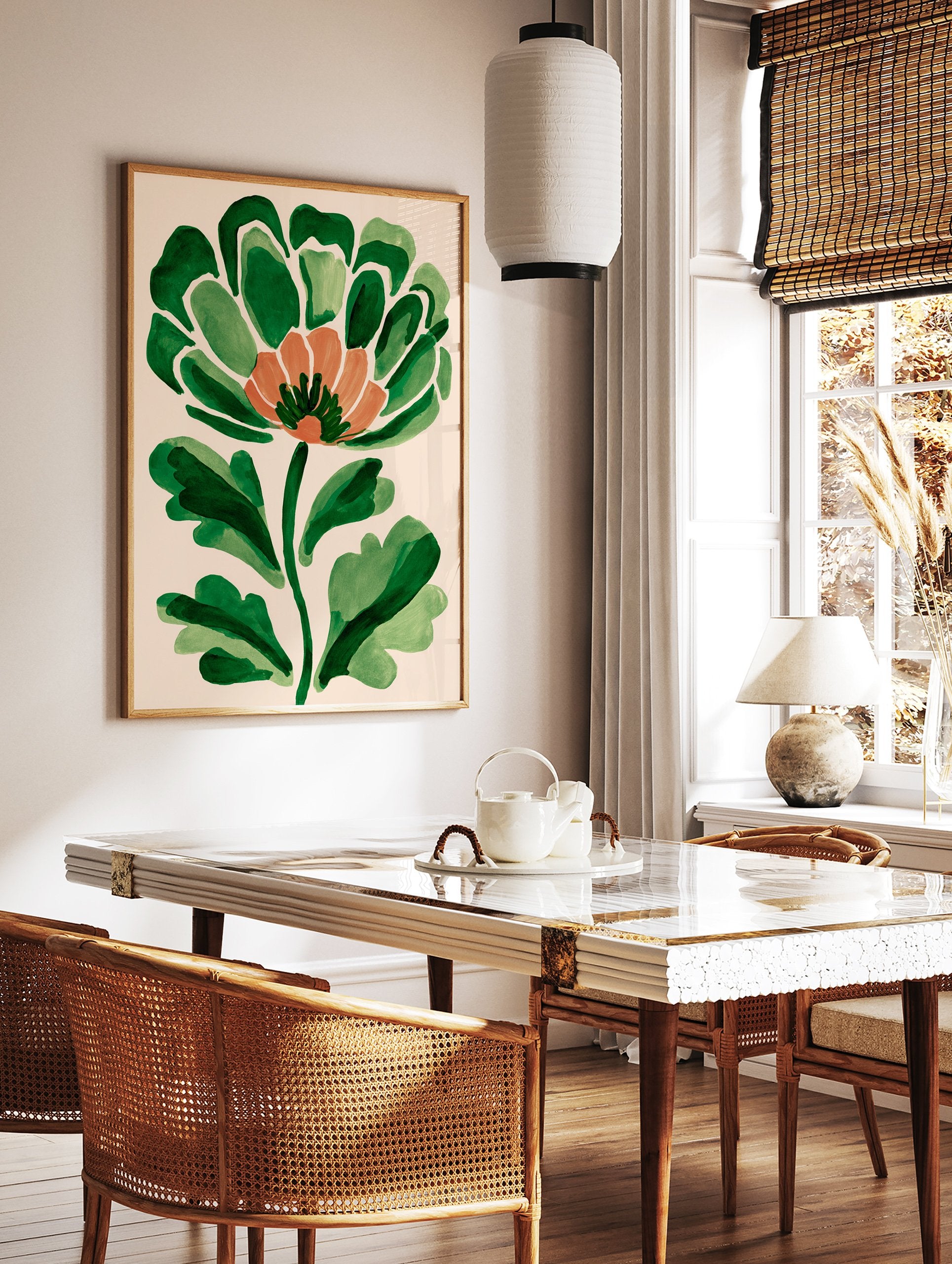 Abstract botanical wall art featuring a green and orange stylized flower on a light beige background, painterly style. - Image 2