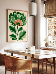 Abstract botanical wall art featuring a green and orange stylized flower on a light beige background, painterly style. - Image 2