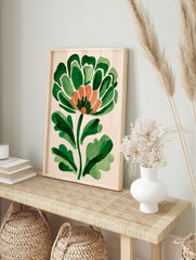 Abstract botanical wall art featuring a green and orange stylized flower on a light beige background, painterly style. - Image 3