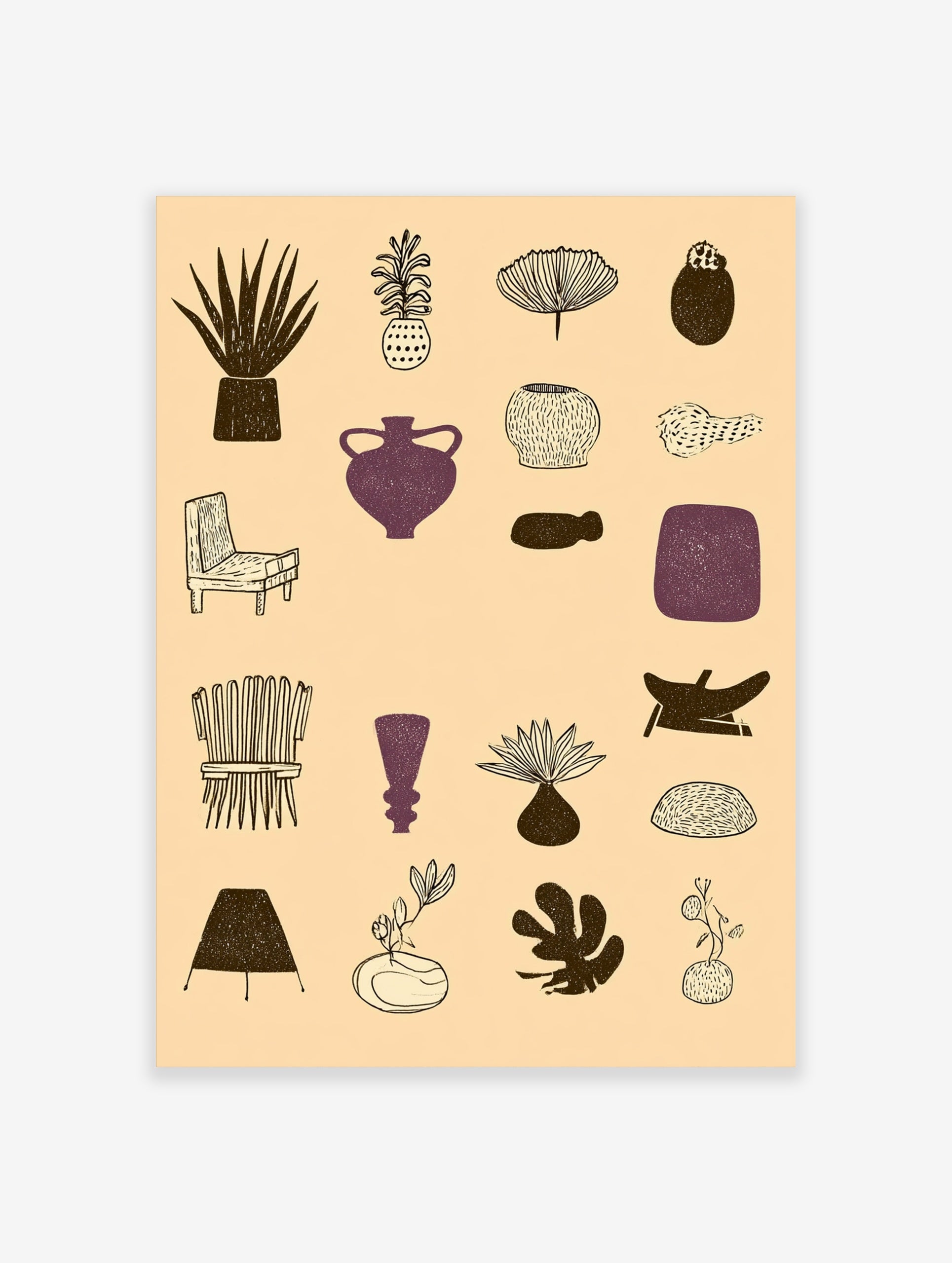 Grid of 16 illustrative abstract botanical, furniture, and vessel designs in brown and purple on a tan background