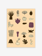 Grid of 16 illustrative abstract botanical, furniture, and vessel designs in brown and purple on a tan background