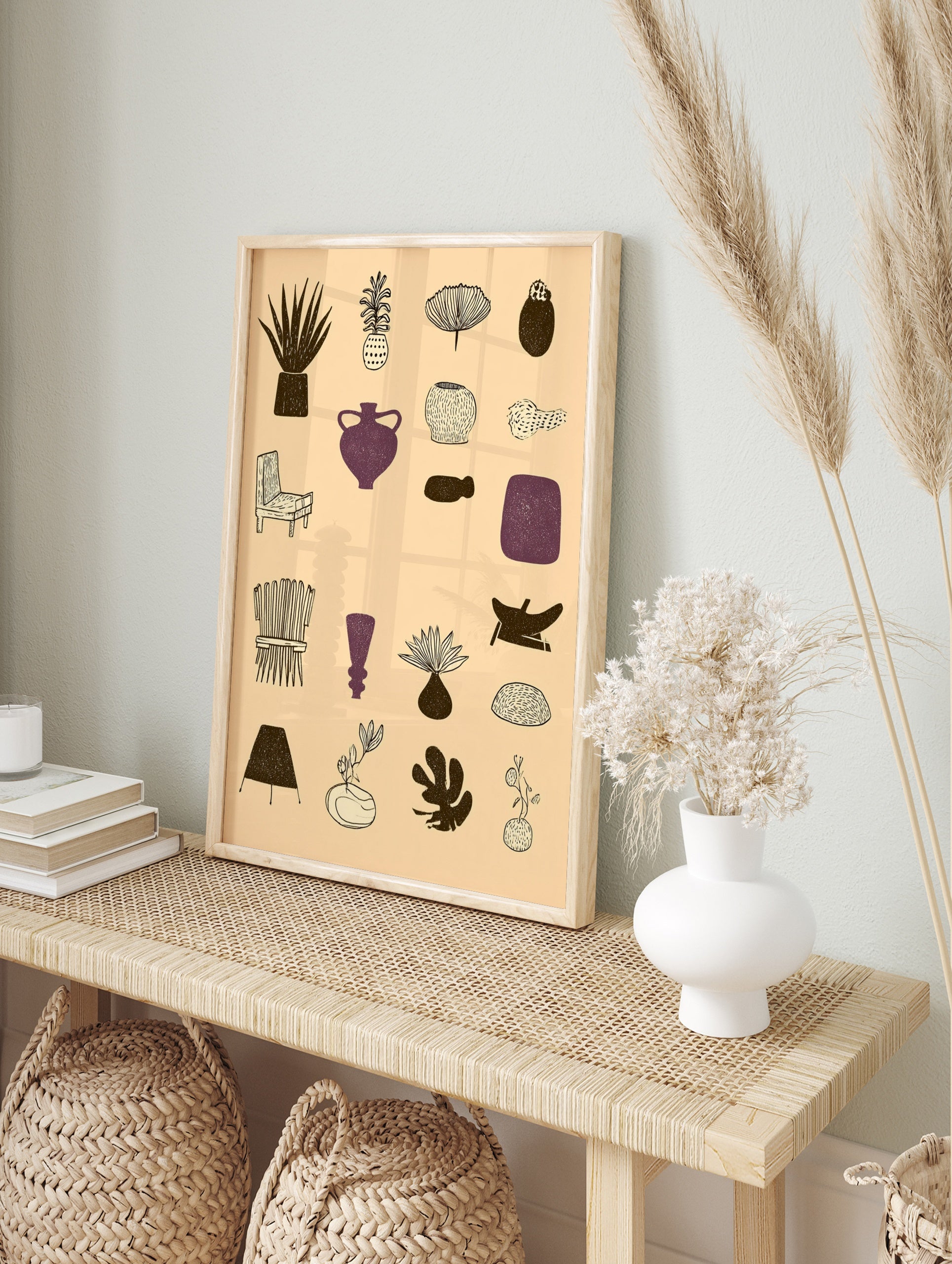 Grid of 16 illustrative abstract botanical, furniture, and vessel designs in brown and purple, in an alternate framed mockup