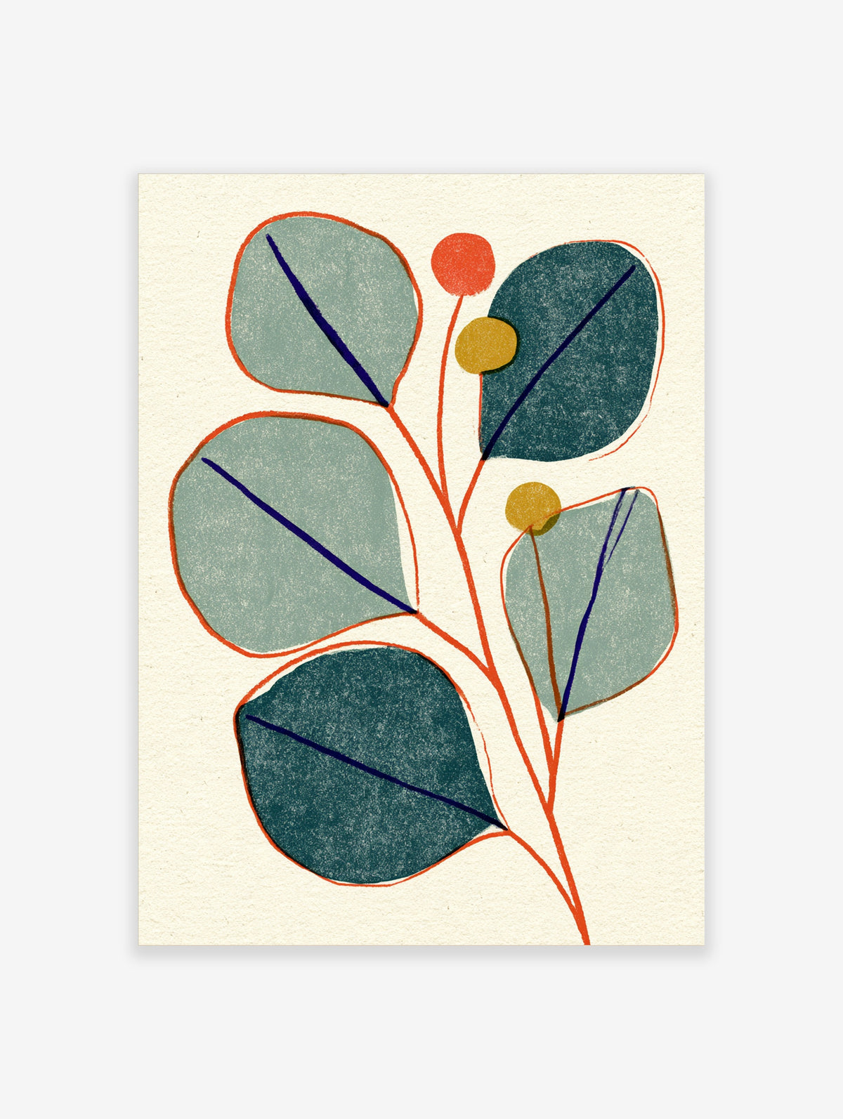 Abstract botanical art print with teal and sage leaves, orange stems, and small circles on cream