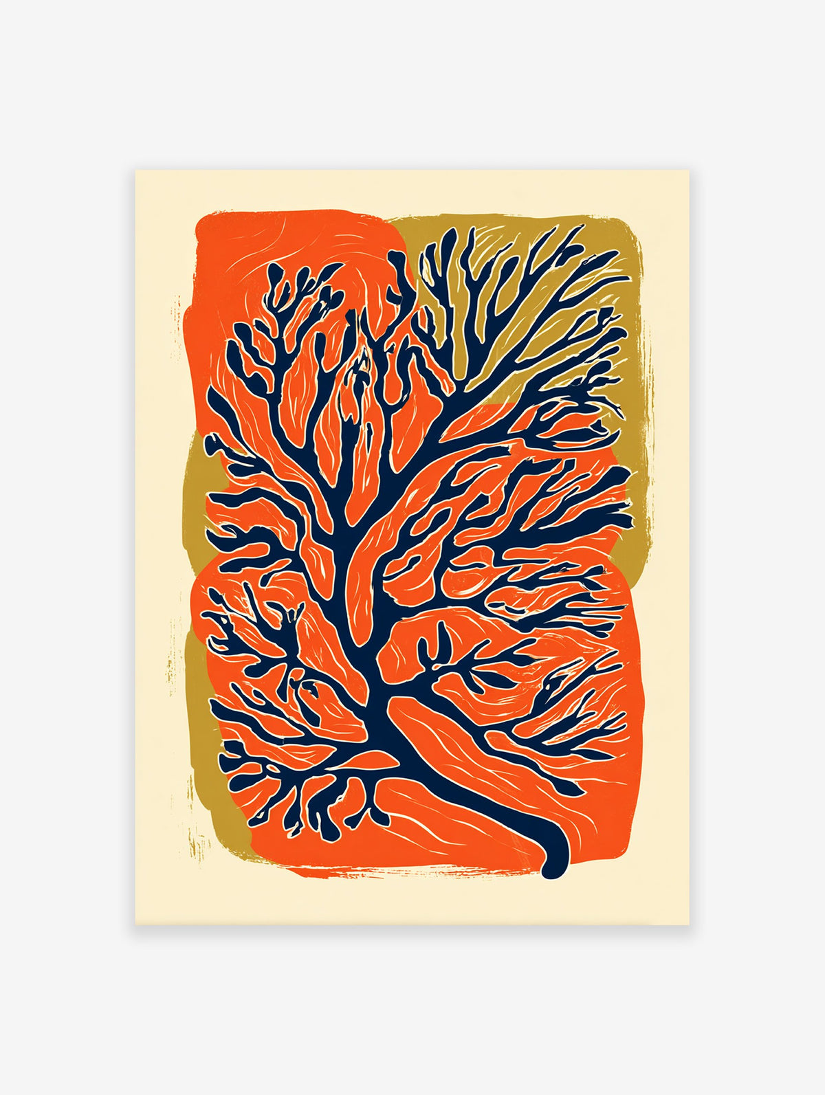 Abstract Botanical Wall Art print with orange and blue organic shapes on a gold and cream background.