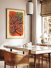 Abstract Botanical Wall Art print with orange and blue organic shapes on a gold and cream background. - Image 2